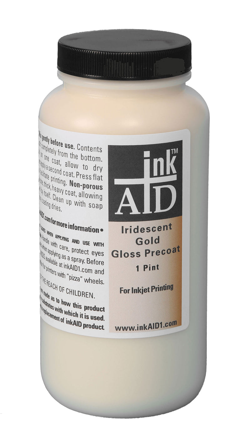 inkAID Iridescent Gold inkjet, ink receptive coating can be applied to any material that can go through your inkjet printer. It provides a glowing, reflective, iridescent surface that enhances the color of the ink, which changes slightly as you adjust your viewing angle. Works well in digital mixed media art.