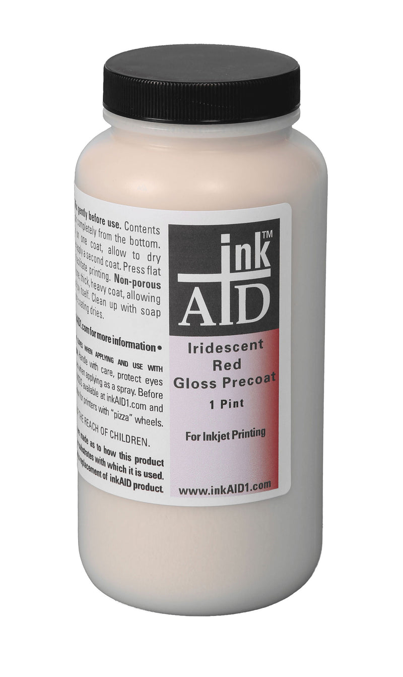 inkAID Iridescent Red inkjet, ink receptive coating can be applied to any material that can go through your inkjet printer. It provides a glowing, reflective, iridescent surface that enhances the color of the ink, which changes slightly as you adjust your viewing angle. Works well in digital mixed media art.