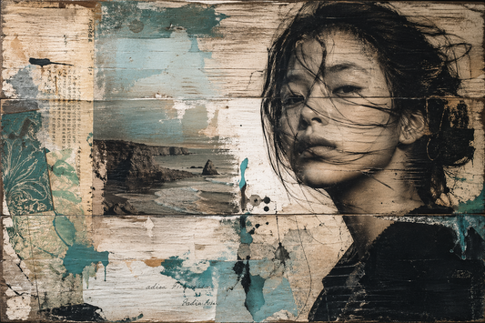Mixed-media artwork on weathered wood with a layered portrait, collage elements, paint textures, and ink washes.