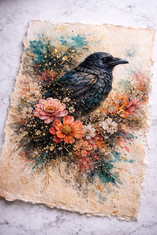 Crow amidst vibrant floral blossoms mixed media inkjet print on handmade Chinese paper