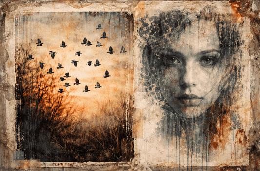 Inkjet printed mixed media artwork combining direct inkjet printing with inkAID inkjet receptive coating and inkAID image transfer techniques on a textured, layered substrate with distressed surface effects.