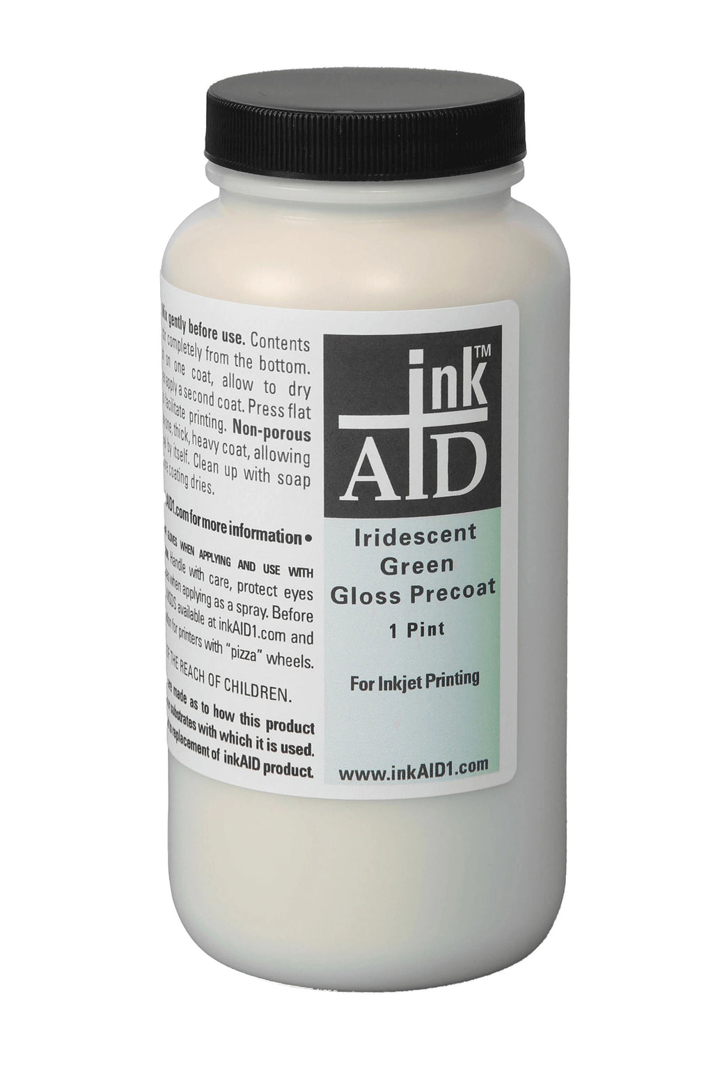 inkAID Iridescent Green inkjet, ink receptive coating can be applied to any material that can go through your inkjet printer. It provides a glowing, reflective, iridescent surface that enhances the color of the ink, which changes slightly as you adjust your viewing angle. Works well in digital mixed media art.