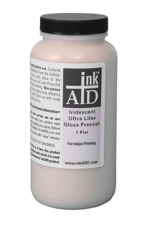 inkAID Iridescent Ultra Lilac inkjet, ink receptive coating can be applied to any material that can go through your inkjet printer. It provides a glowing, reflective, iridescent surface that enhances the color of the ink, which changes slightly as you adjust your viewing angle. Works well in digital mixed media art.