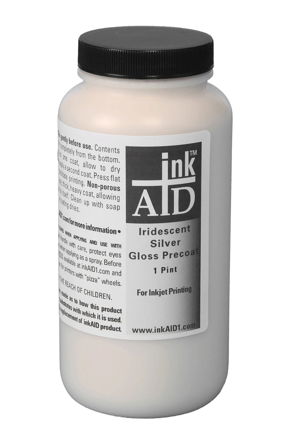 inkAID Iridescent Silver inkjet, ink receptive coating can be applied to any material that can go through your inkjet printer. It provides a glowing, reflective, iridescent surface that enhances the color of the ink, which changes slightly as you adjust your viewing angle. Works well in digital mixed media art.