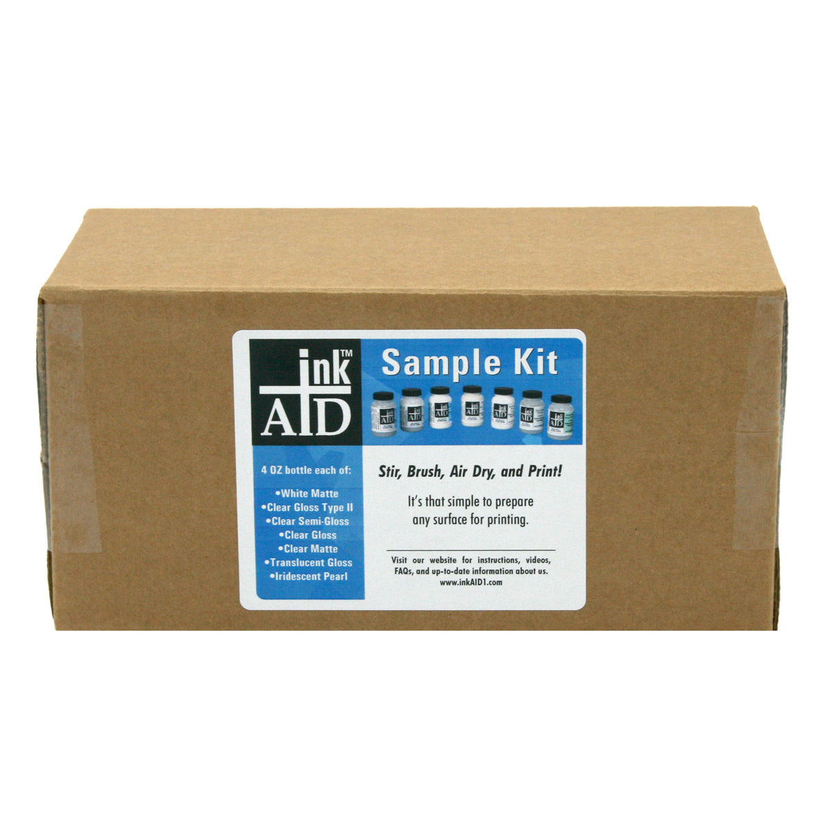 The inkAID Inkjet Receptive Coating Sample Set contains 4 ounces each of White Matte, Clear Gloss, Clear Gloss Type II, Clear Semi-Gloss, Clear Matte, Translucent Gloss, and Iridescent Pearl coating. They can be applied on virtually anything that can go through your inkjet printer. Vibrant colors and deep blacks. 